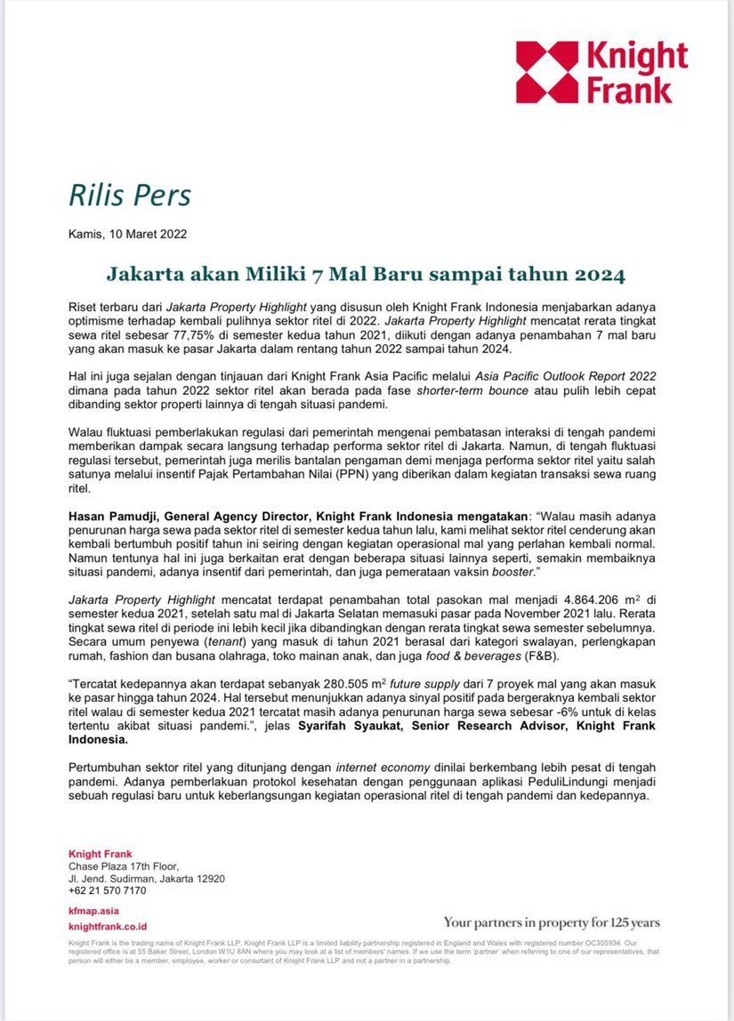 Rilis Pers - Jakarta Akan Miliki 7 Mal Baru Sampai Tahun 2024 | KF Map Indonesia Property, Infrastructure